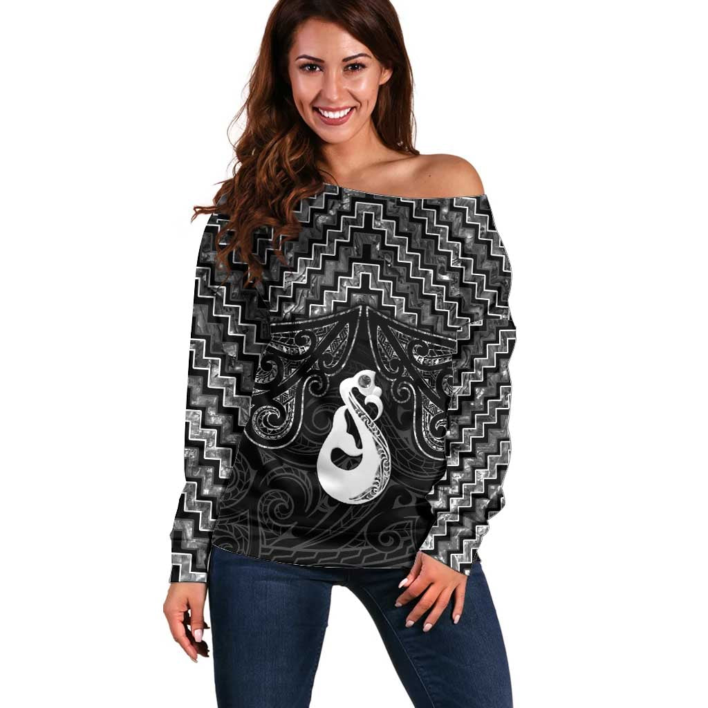 New Zealand Maori Off Shoulder Sweater Poutama Manaia Black Paua Shell LT05 - Vibe Hoodie Shop