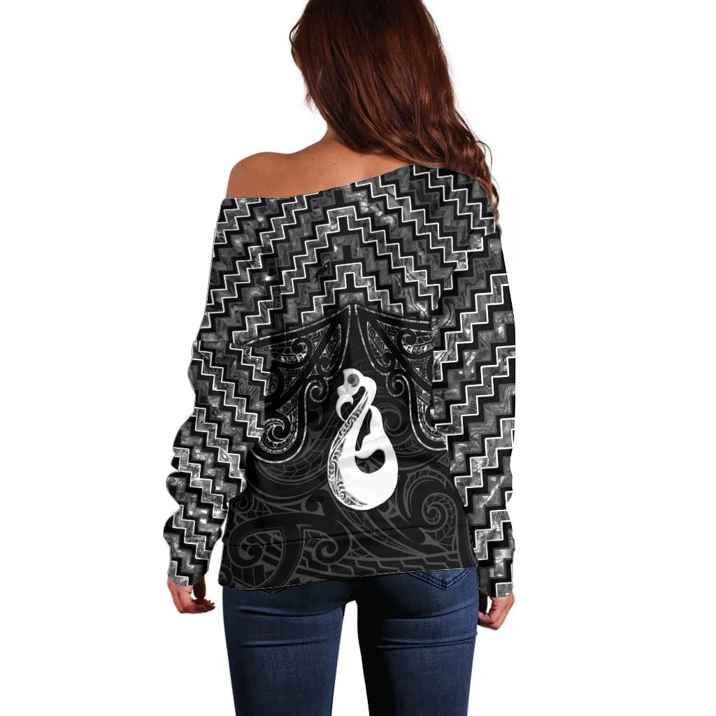 New Zealand Maori Off Shoulder Sweater Poutama Manaia Black Paua Shell LT05 - Vibe Hoodie Shop