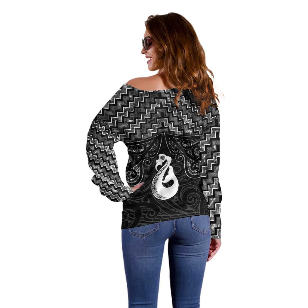 New Zealand Maori Off Shoulder Sweater Poutama Manaia Black Paua Shell LT05 - Vibe Hoodie Shop