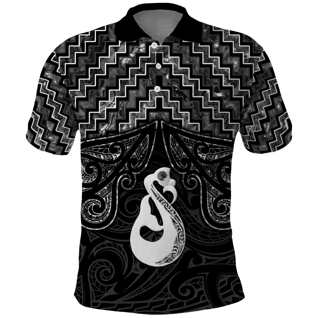 New Zealand Maori Polo Shirt Poutama Manaia Black Paua Shell LT05 - Vibe Hoodie Shop