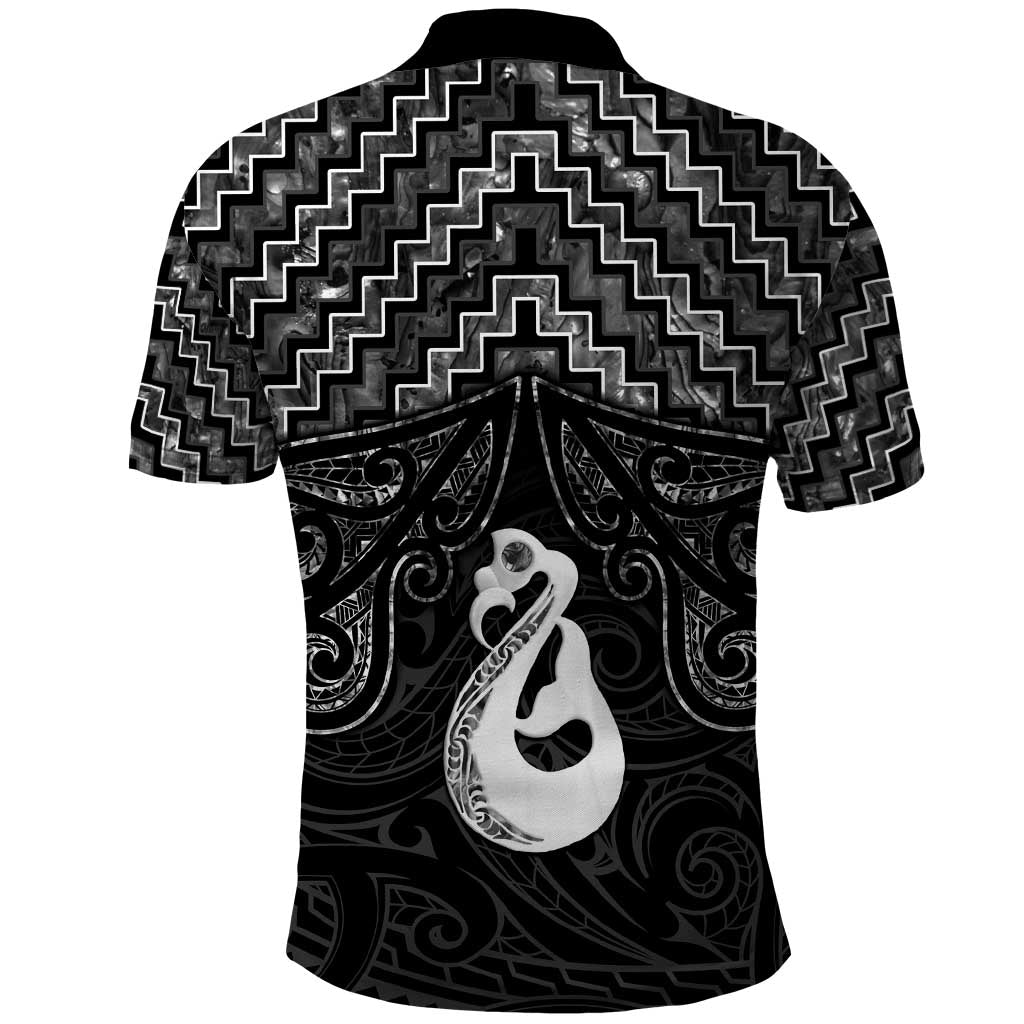 New Zealand Maori Polo Shirt Poutama Manaia Black Paua Shell LT05 - Vibe Hoodie Shop