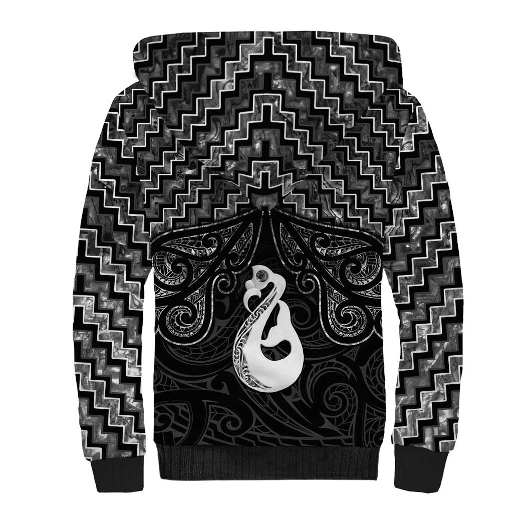 New Zealand Maori Sherpa Hoodie Poutama Manaia Black Paua Shell LT05 - Vibe Hoodie Shop