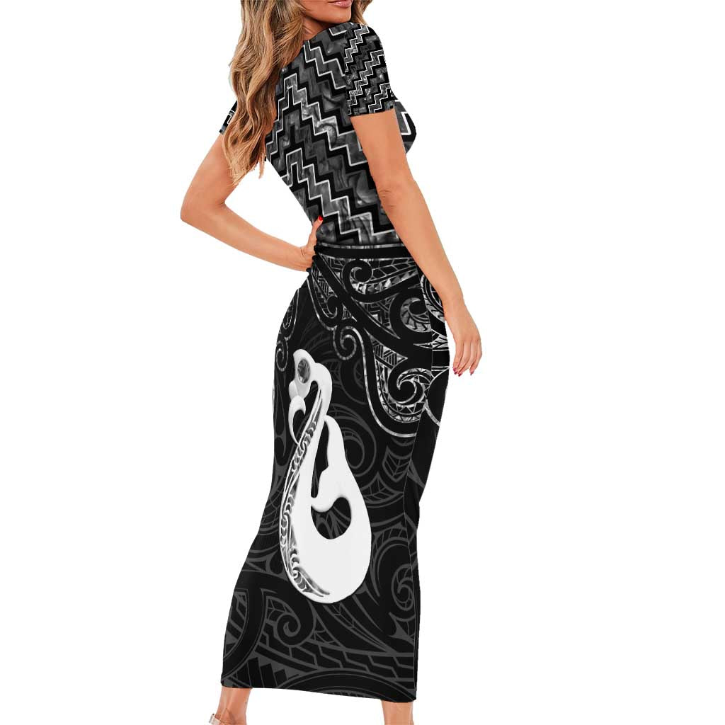 New Zealand Maori Short Sleeve Bodycon Dress Poutama Manaia Black Paua Shell