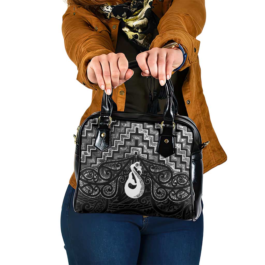 New Zealand Maori Shoulder Handbag Poutama Manaia Black Paua Shell LT05 - Vibe Hoodie Shop