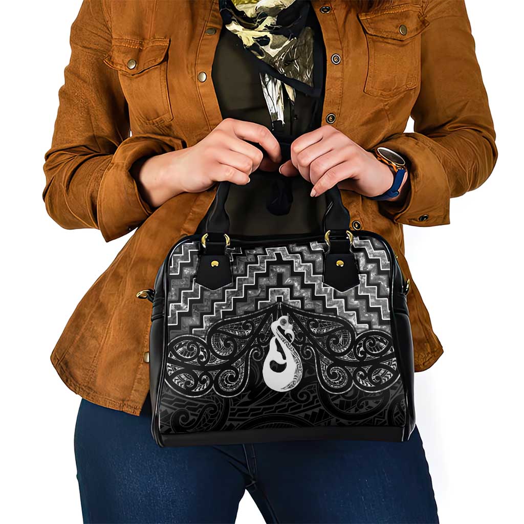 New Zealand Maori Shoulder Handbag Poutama Manaia Black Paua Shell LT05 - Vibe Hoodie Shop