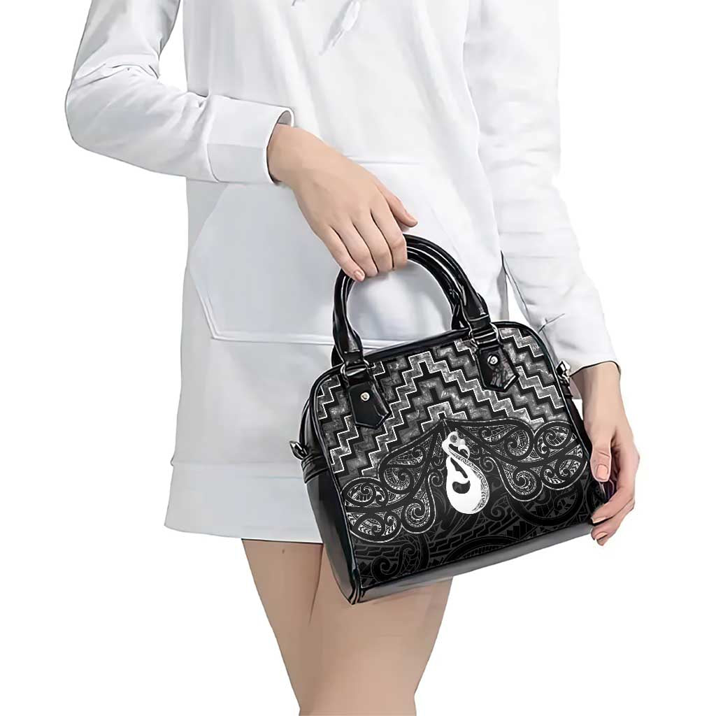 New Zealand Maori Shoulder Handbag Poutama Manaia Black Paua Shell LT05 - Vibe Hoodie Shop