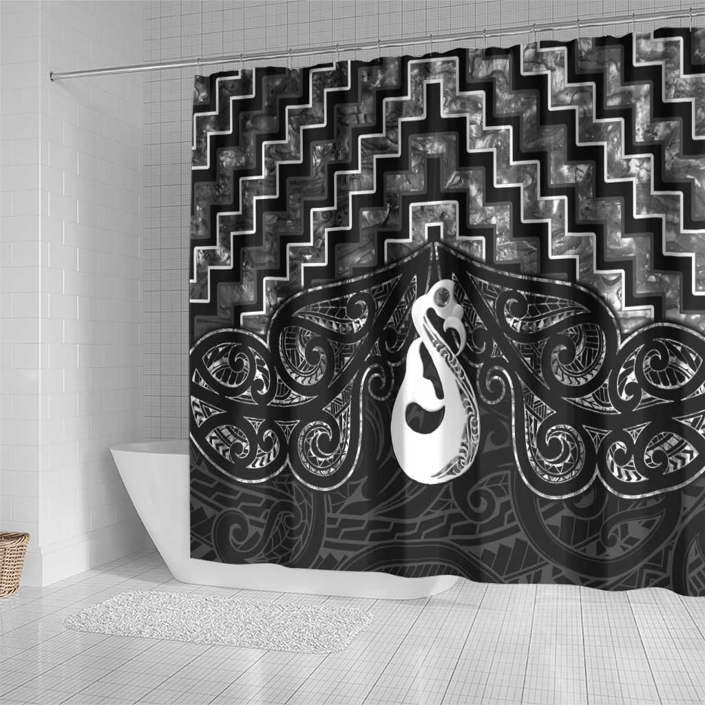 New Zealand Maori Shower Curtain Poutama Manaia Black Paua Shell