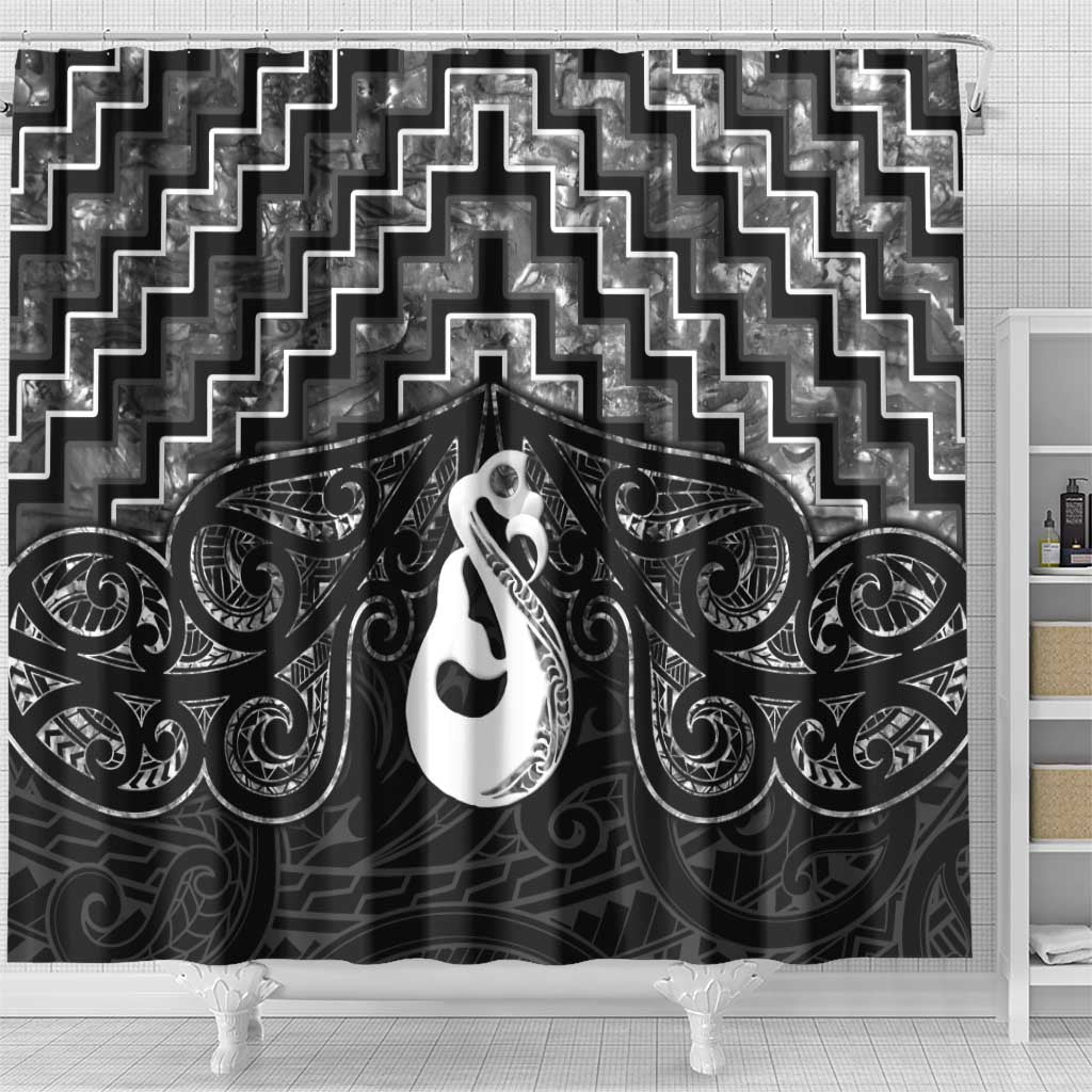 New Zealand Maori Shower Curtain Poutama Manaia Black Paua Shell