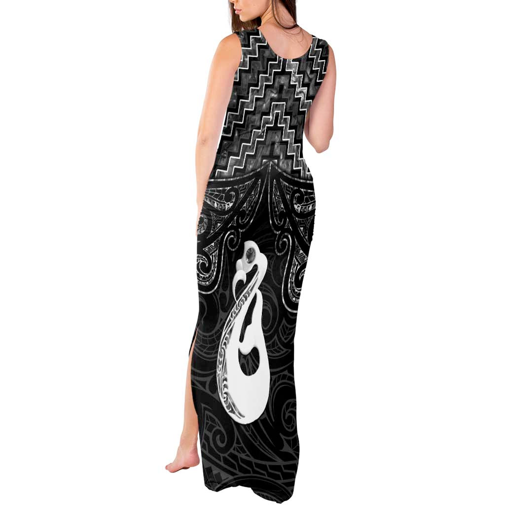 New Zealand Maori Tank Maxi Dress Poutama Manaia Black Paua Shell