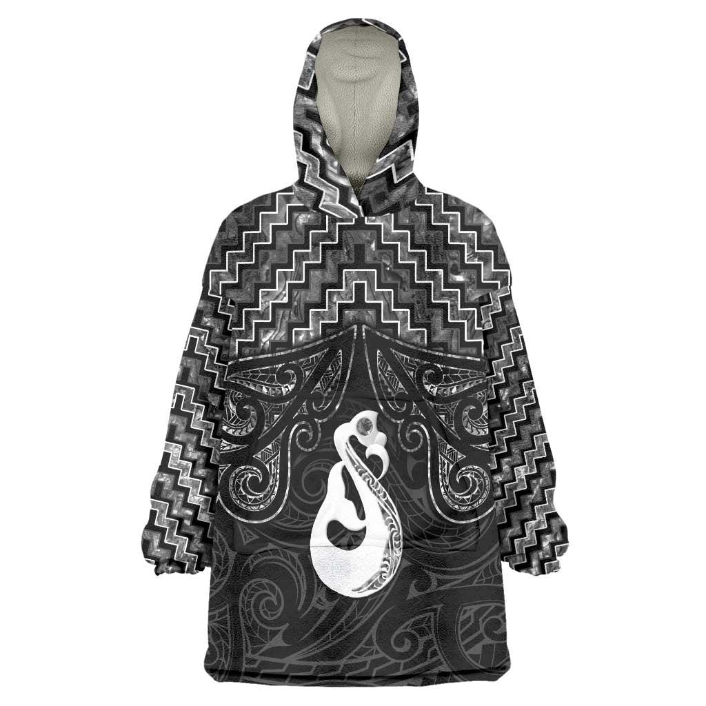 New Zealand Maori Wearable Blanket Hoodie Poutama Manaia Black Paua Shell LT05 - Vibe Hoodie Shop