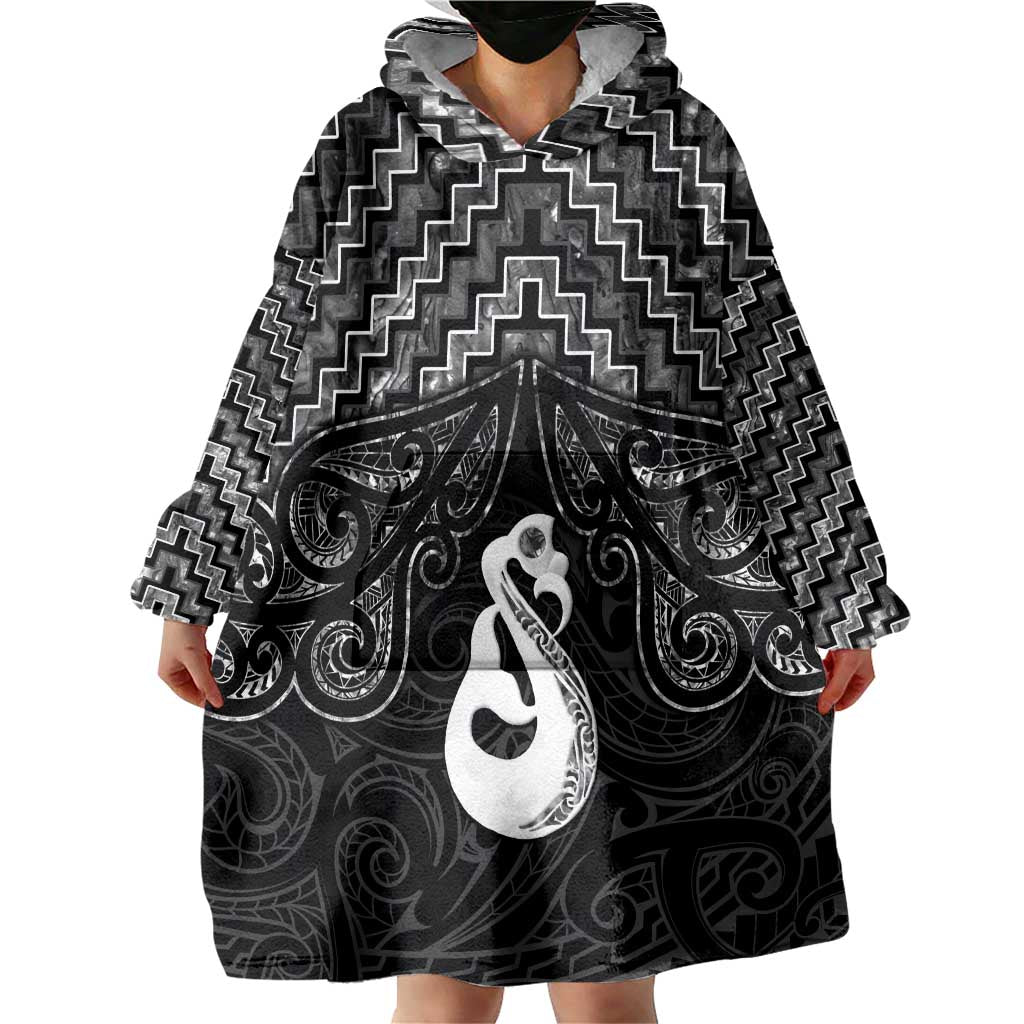 New Zealand Maori Wearable Blanket Hoodie Poutama Manaia Black Paua Shell LT05 - Vibe Hoodie Shop