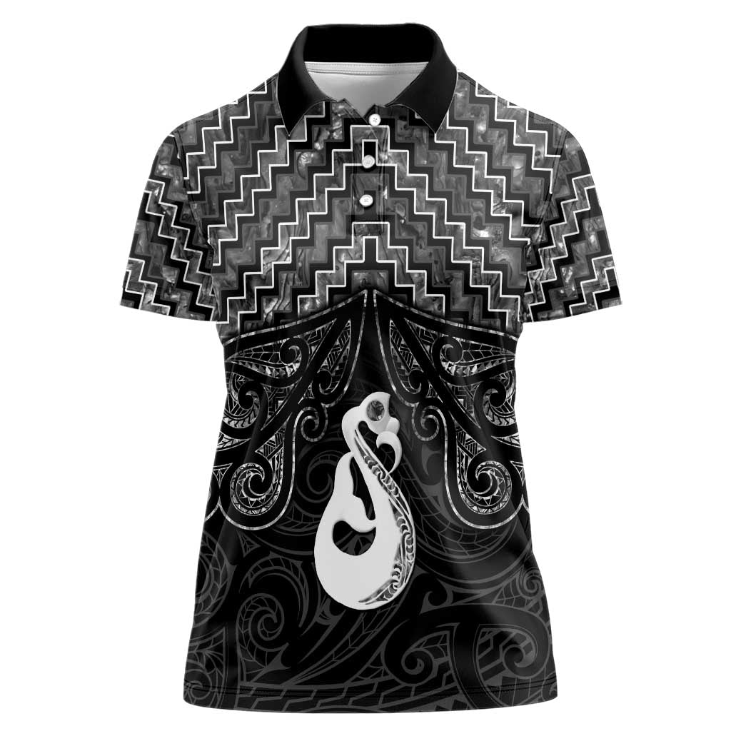 New Zealand Maori Women Polo Shirt Poutama Manaia Black Paua Shell LT05 - Vibe Hoodie Shop