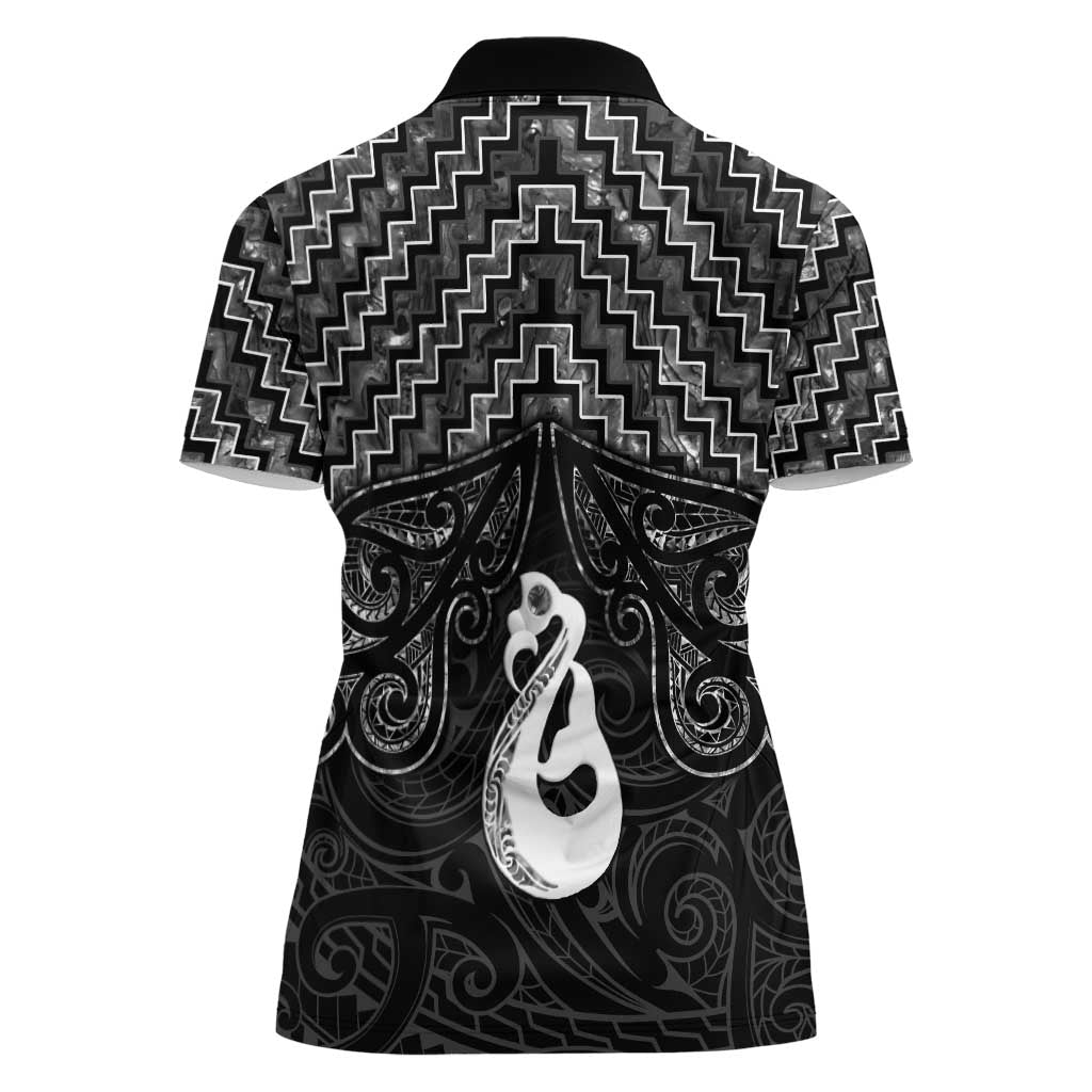 New Zealand Maori Women Polo Shirt Poutama Manaia Black Paua Shell LT05 - Vibe Hoodie Shop