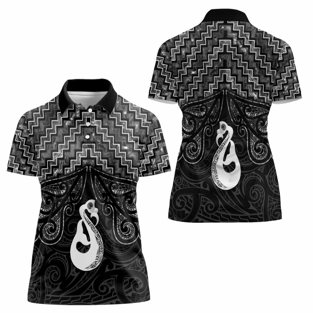 New Zealand Maori Women Polo Shirt Poutama Manaia Black Paua Shell LT05 - Vibe Hoodie Shop