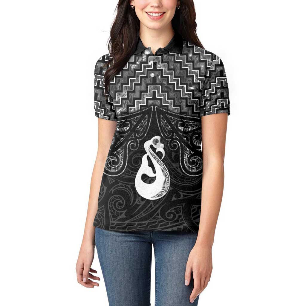 New Zealand Maori Women Polo Shirt Poutama Manaia Black Paua Shell LT05 - Vibe Hoodie Shop