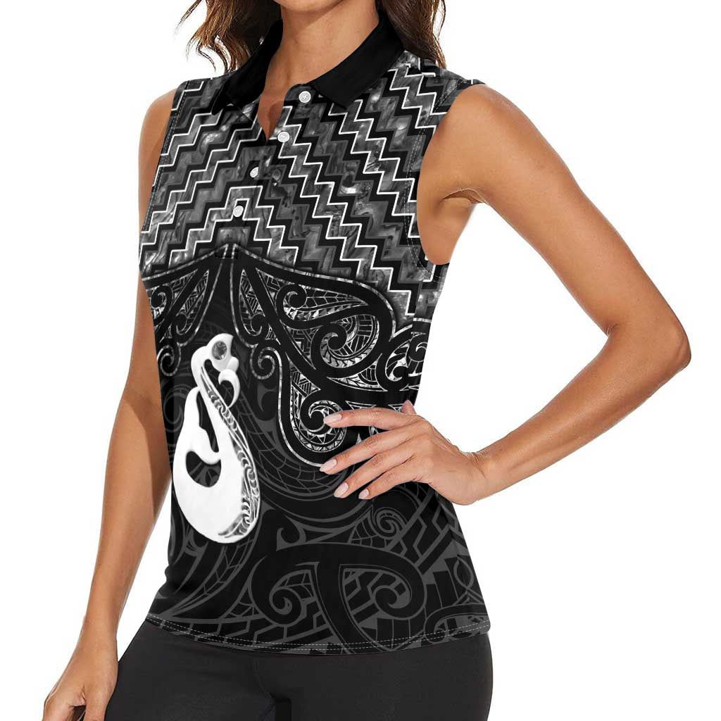 New Zealand Maori Women Sleeveless Polo Shirt Poutama Manaia Black Paua Shell