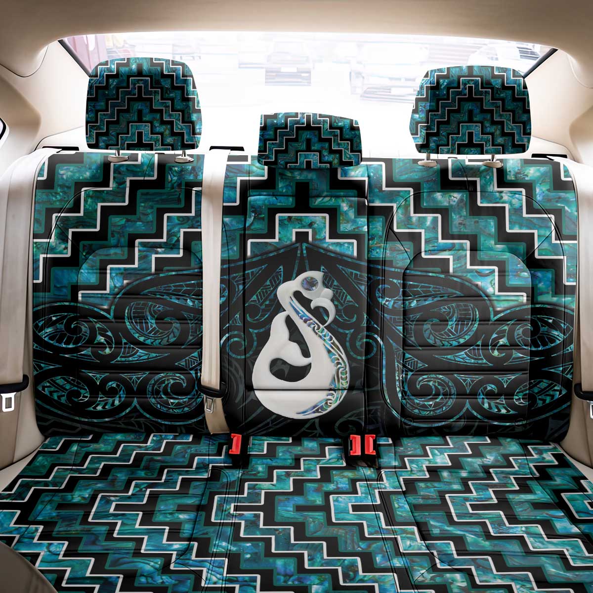 New Zealand Maori Back Car Seat Cover Poutama Manaia Turquoise Paua Shell