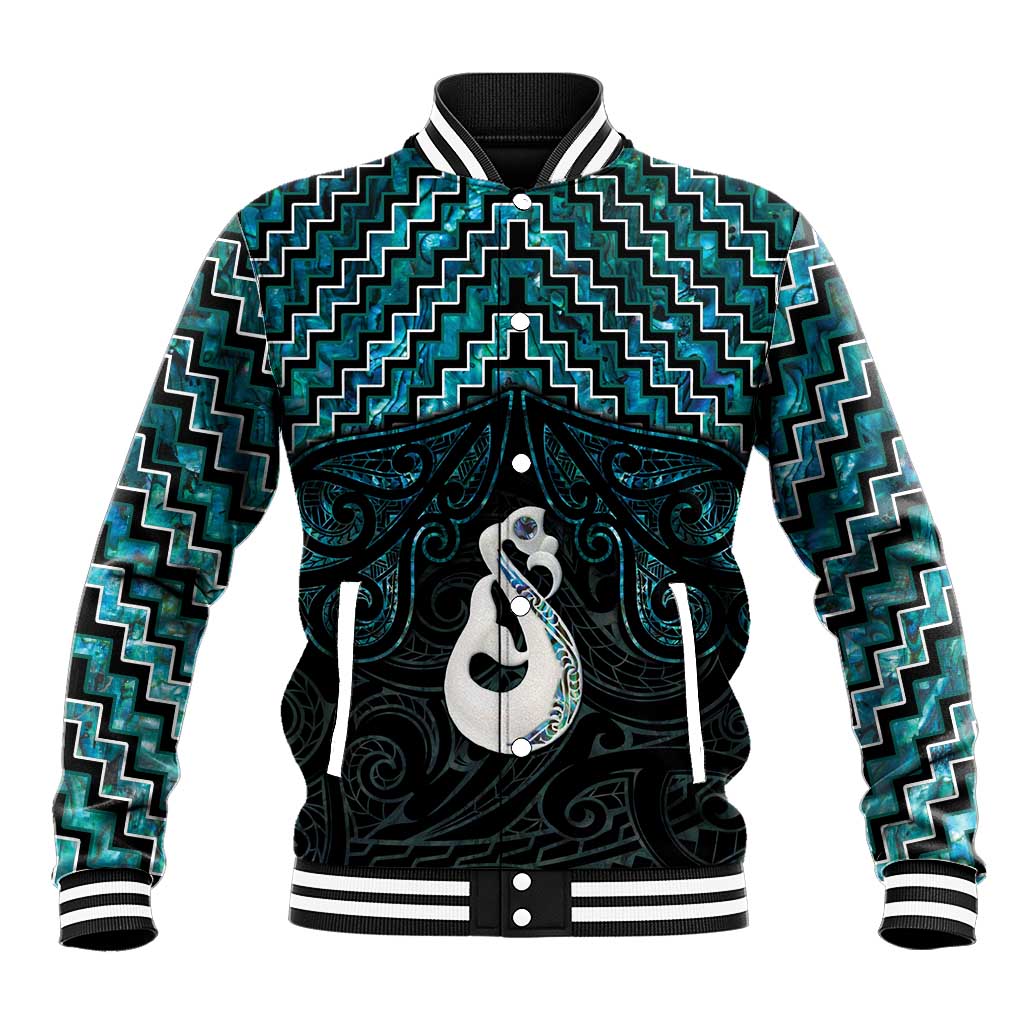 New Zealand Maori Baseball Jacket Poutama Manaia Turquoise Paua Shell LT05 - Vibe Hoodie Shop