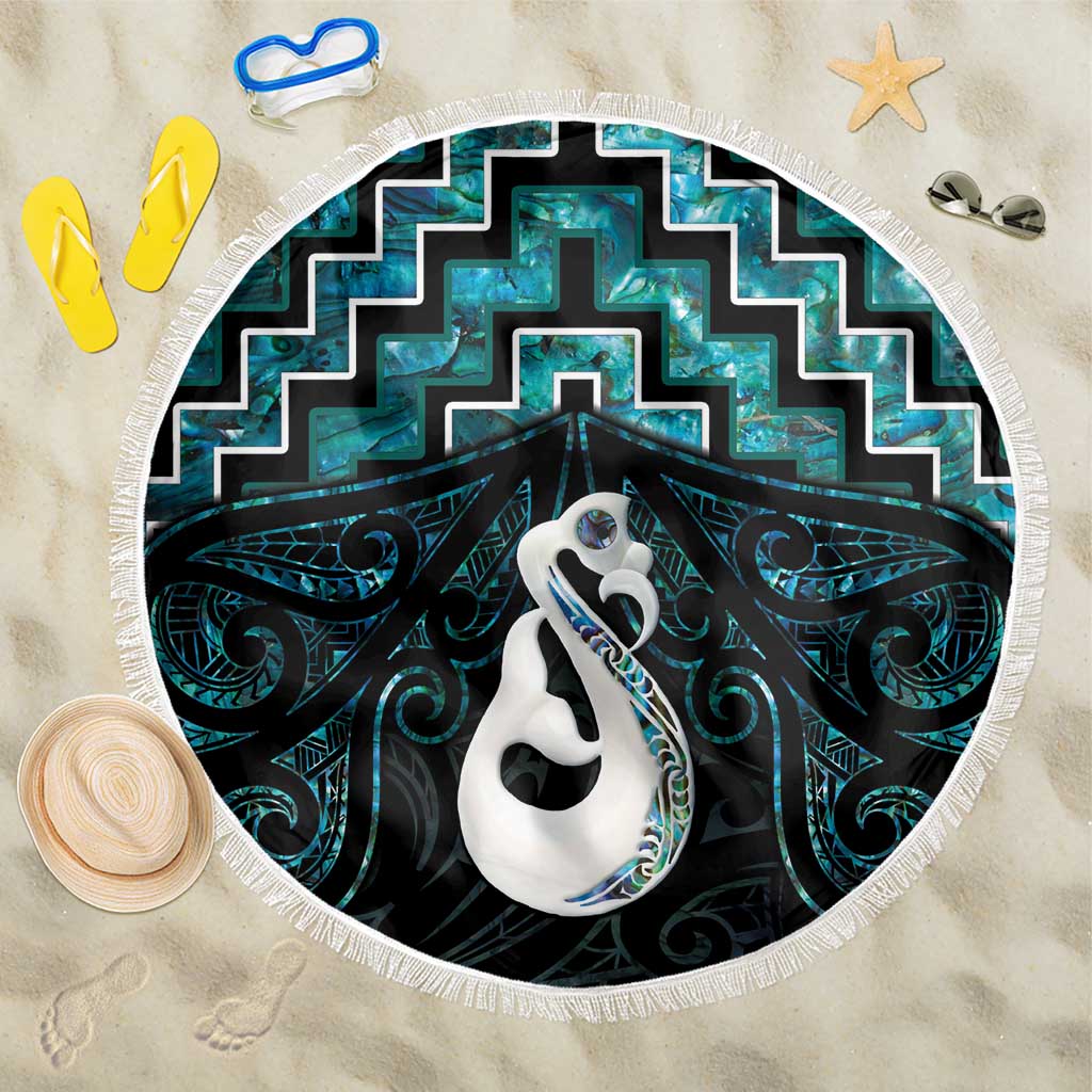 New Zealand Maori Beach Blanket Poutama Manaia Turquoise Paua Shell