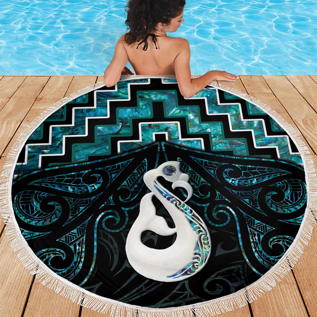 New Zealand Maori Beach Blanket Poutama Manaia Turquoise Paua Shell