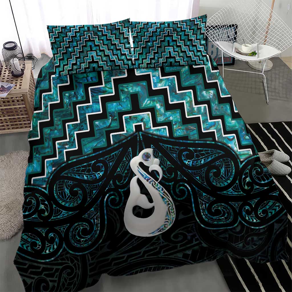 New Zealand Maori Bedding Set Poutama Manaia Turquoise Paua Shell LT05 - Vibe Hoodie Shop