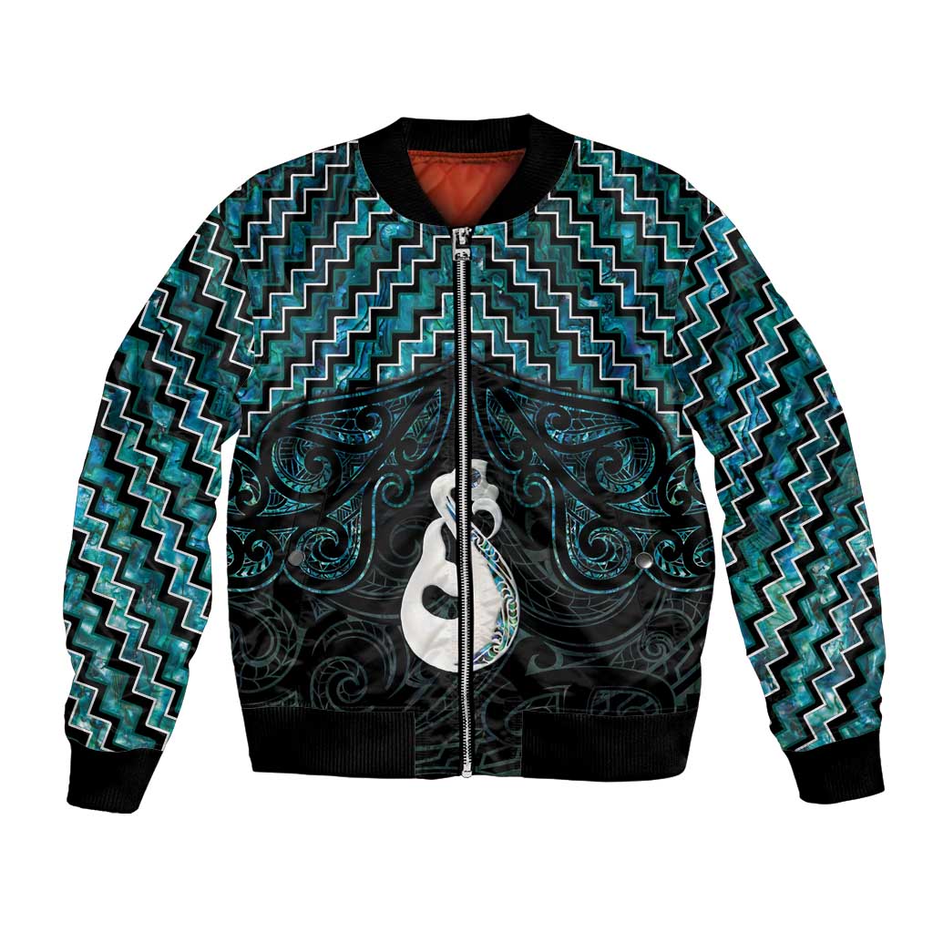 New Zealand Maori Bomber Jacket Poutama Manaia Turquoise Paua Shell LT05 - Vibe Hoodie Shop