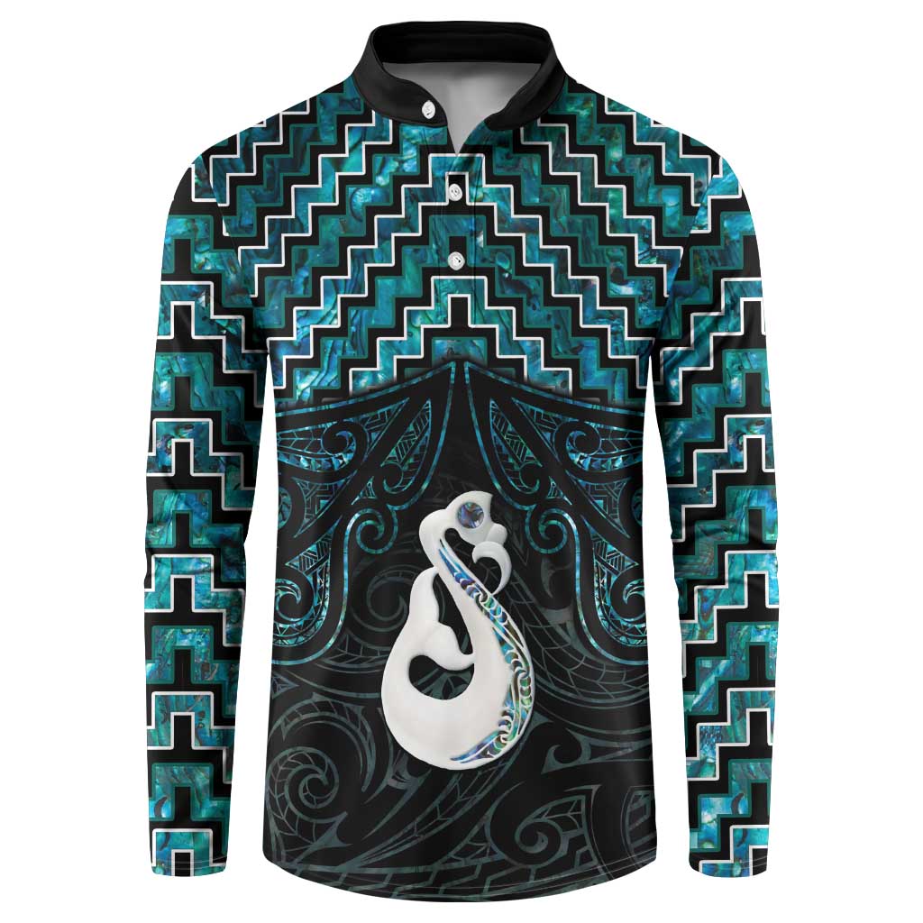 New Zealand Maori Button Sweatshirt Poutama Manaia Turquoise Paua Shell