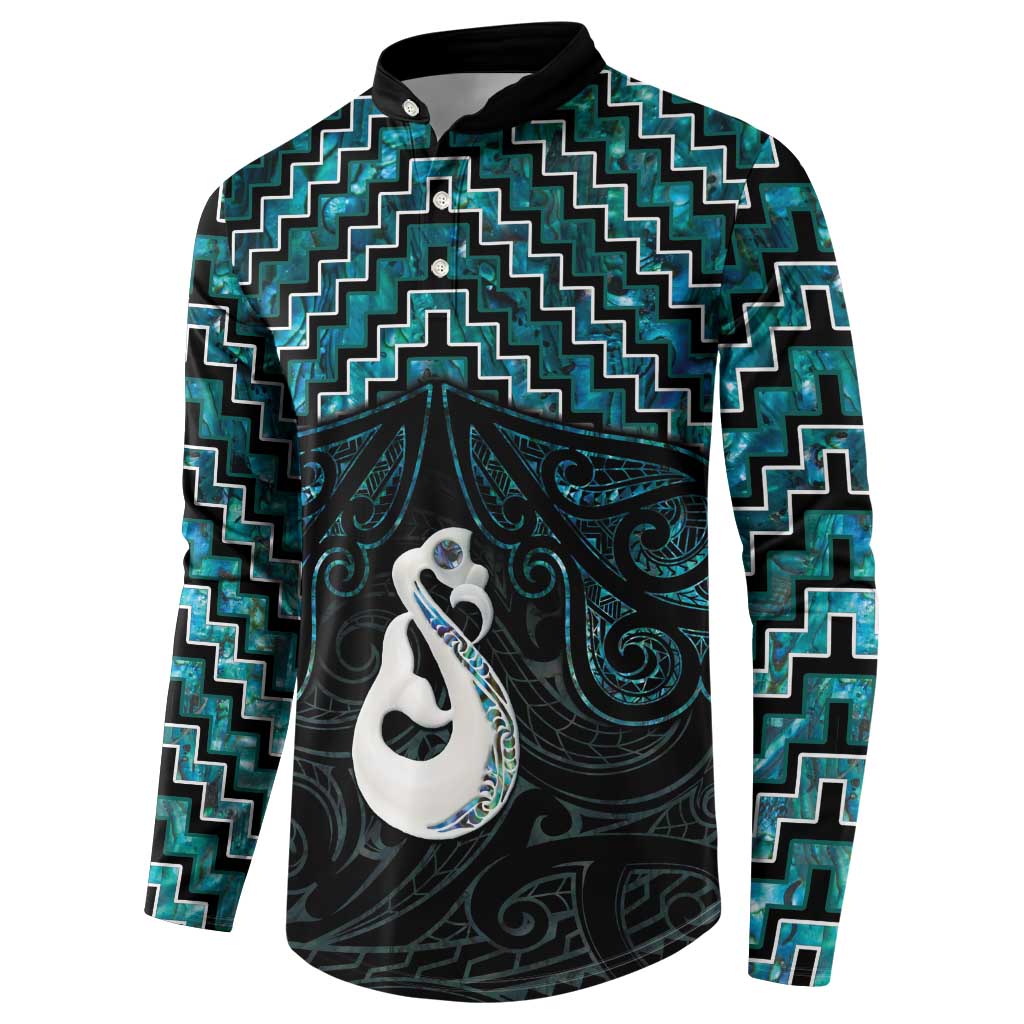 New Zealand Maori Button Sweatshirt Poutama Manaia Turquoise Paua Shell