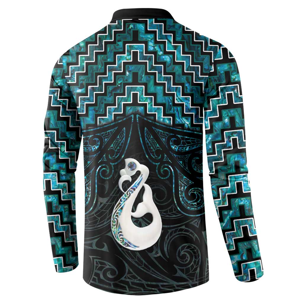 New Zealand Maori Button Sweatshirt Poutama Manaia Turquoise Paua Shell