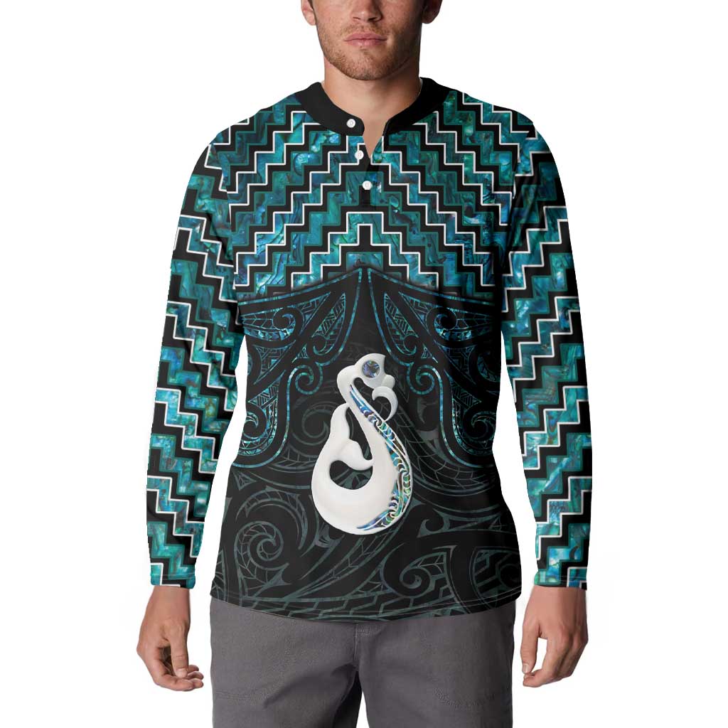 New Zealand Maori Button Sweatshirt Poutama Manaia Turquoise Paua Shell