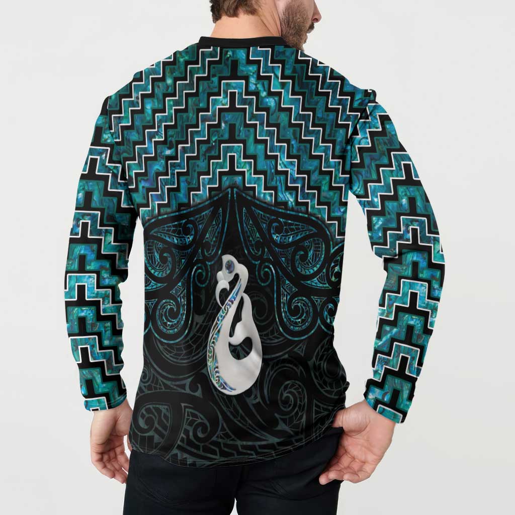 New Zealand Maori Button Sweatshirt Poutama Manaia Turquoise Paua Shell