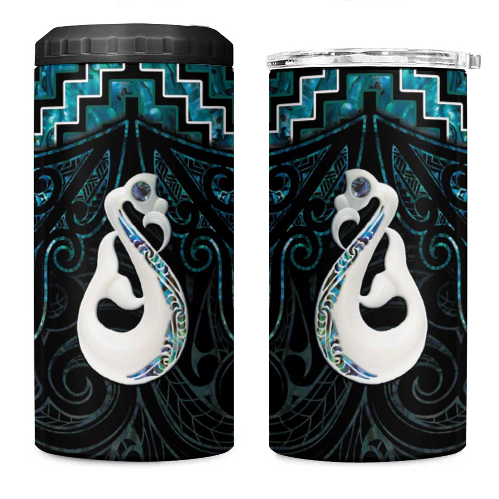 New Zealand Maori 4 in 1 Can Cooler Tumbler Poutama Manaia Turquoise Paua Shell