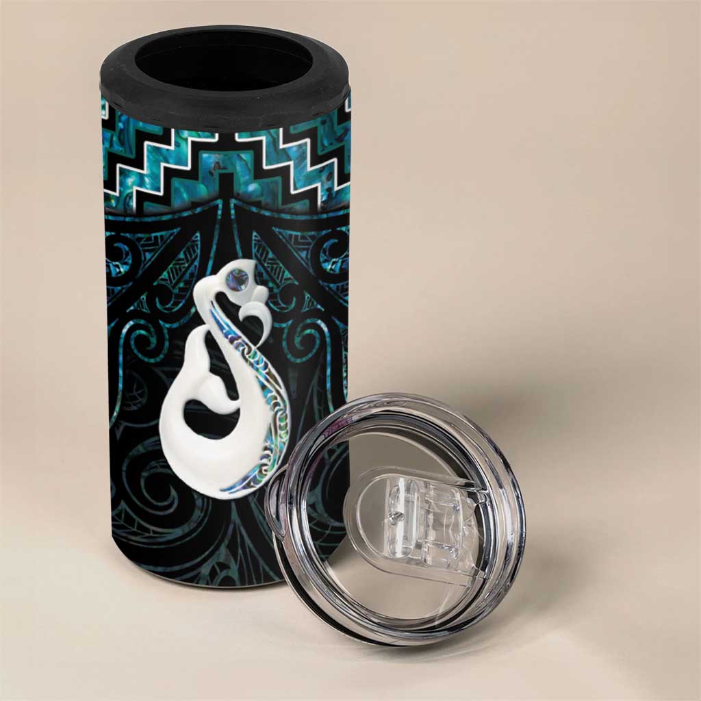 New Zealand Maori 4 in 1 Can Cooler Tumbler Poutama Manaia Turquoise Paua Shell