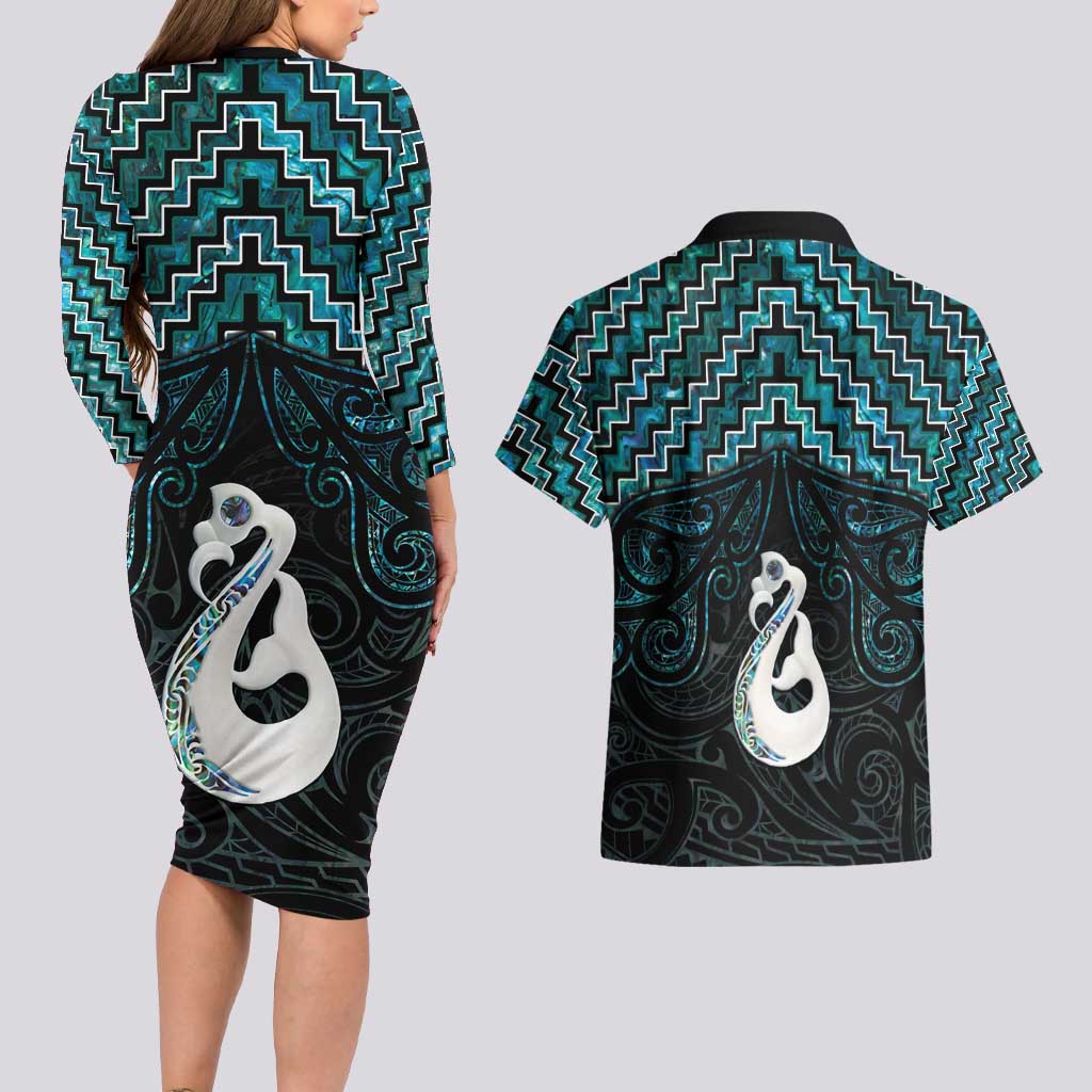 New Zealand Maori Couples Matching Long Sleeve Bodycon Dress and Hawaiian Shirt Poutama Manaia Turquoise Paua Shell