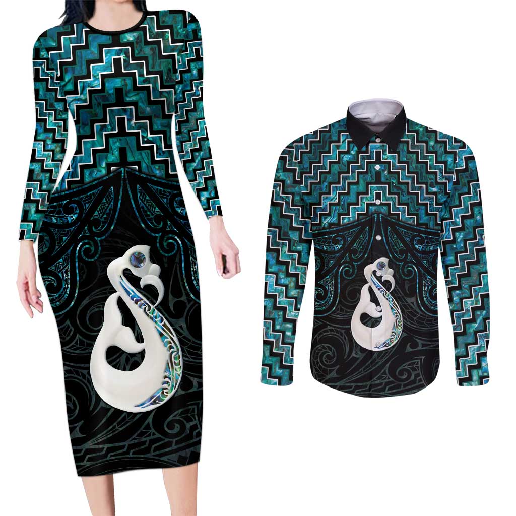 New Zealand Maori Couples Matching Long Sleeve Bodycon Dress and Long Sleeve Button Shirt Poutama Manaia Turquoise Paua Shell