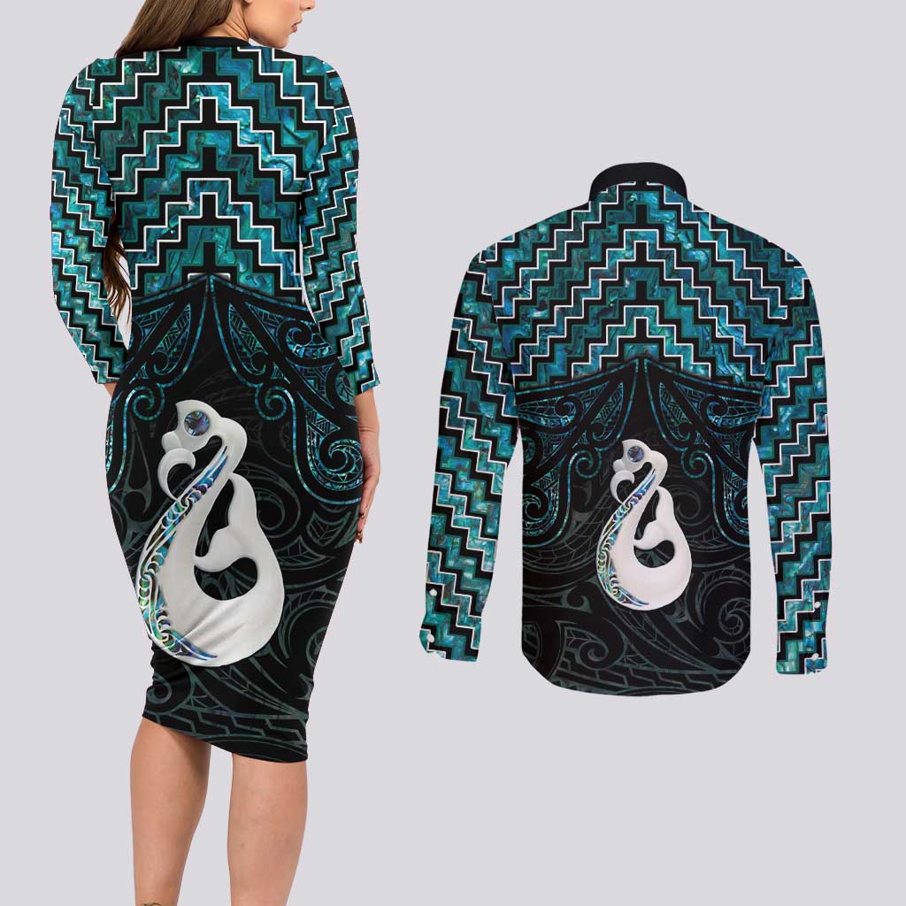 New Zealand Maori Couples Matching Long Sleeve Bodycon Dress and Long Sleeve Button Shirt Poutama Manaia Turquoise Paua Shell