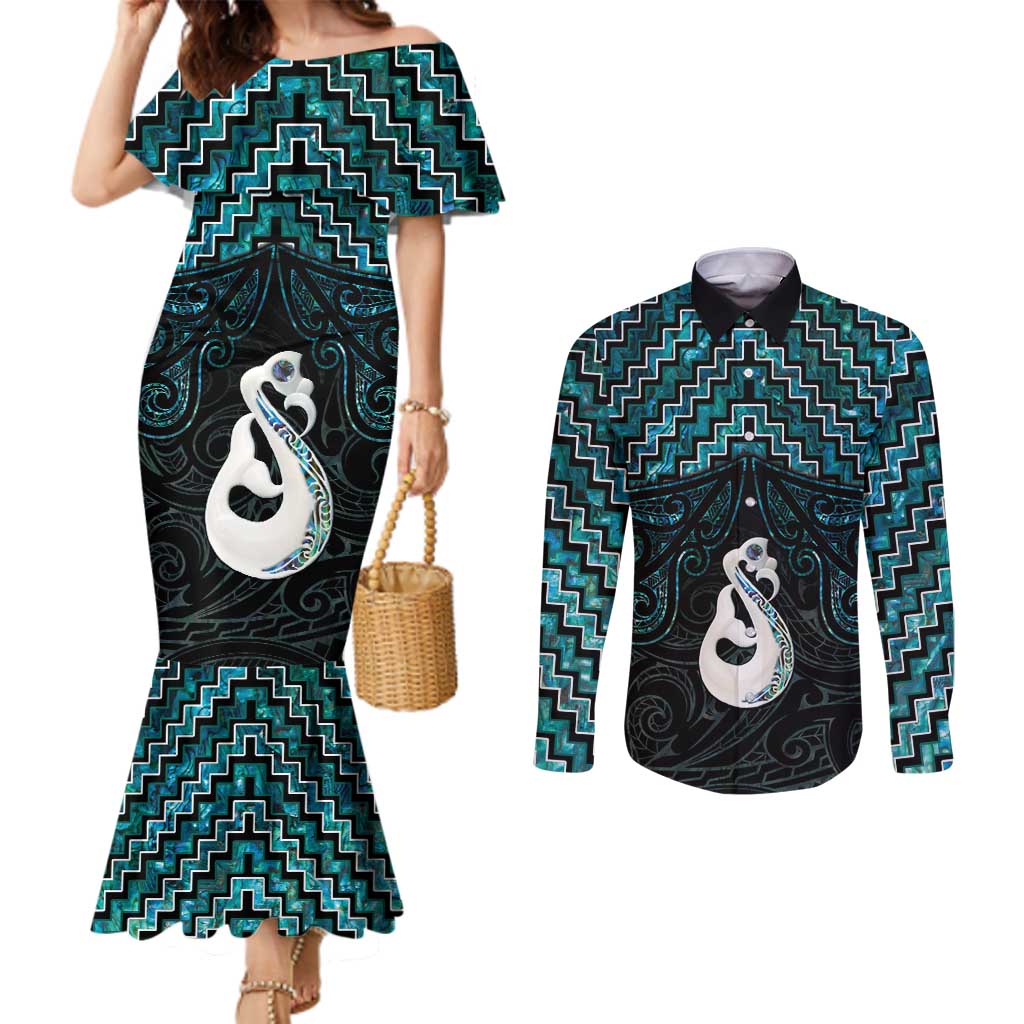 New Zealand Maori Couples Matching Mermaid Dress and Long Sleeve Button Shirt Poutama Manaia Turquoise Paua Shell