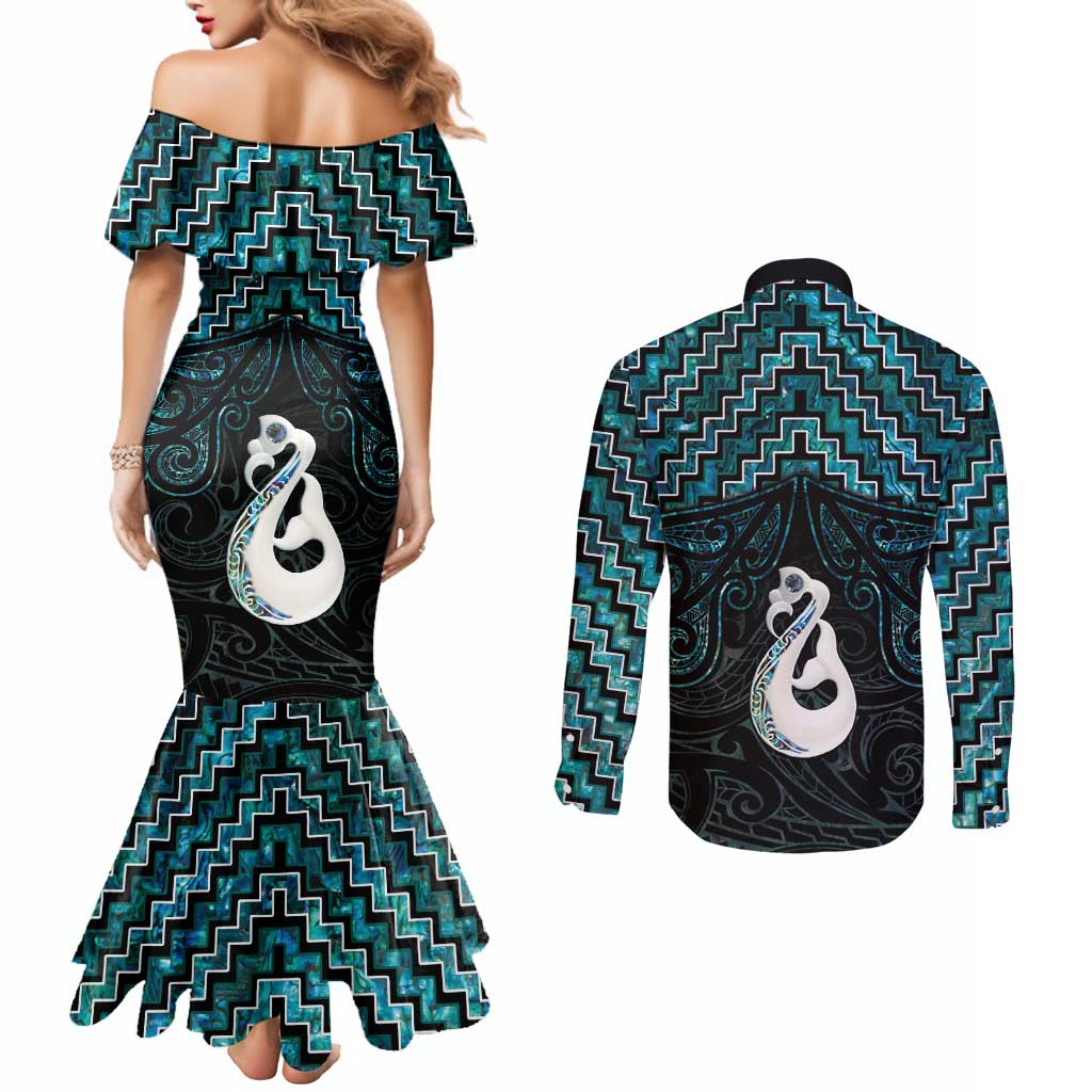 New Zealand Maori Couples Matching Mermaid Dress and Long Sleeve Button Shirt Poutama Manaia Turquoise Paua Shell