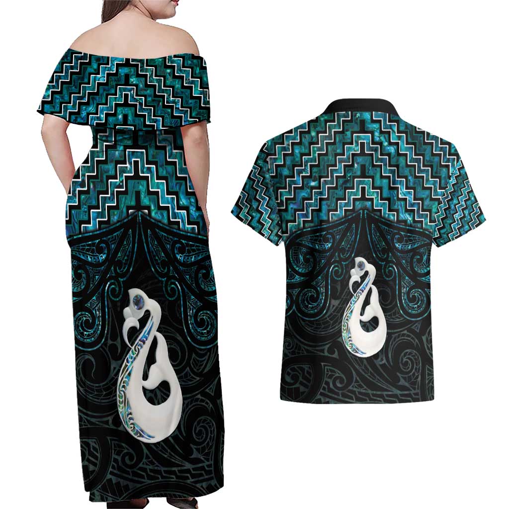 New Zealand Maori Couples Matching Off Shoulder Maxi Dress and Hawaiian Shirt Poutama Manaia Turquoise Paua Shell