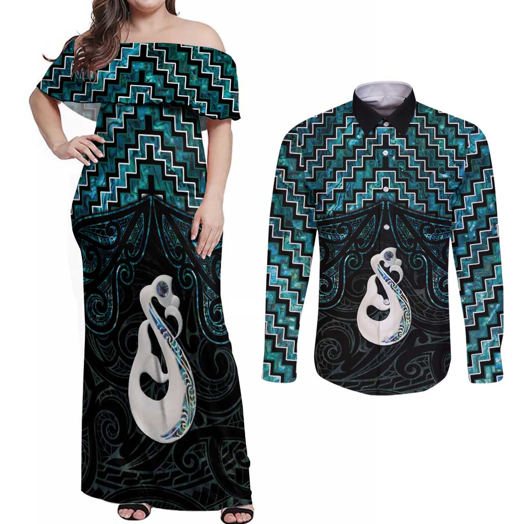 New Zealand Maori Couples Matching Off Shoulder Maxi Dress and Long Sleeve Button Shirt Poutama Manaia Turquoise Paua Shell