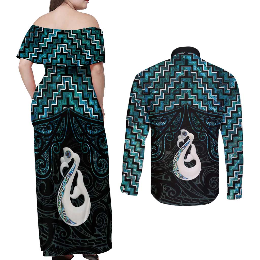 New Zealand Maori Couples Matching Off Shoulder Maxi Dress and Long Sleeve Button Shirt Poutama Manaia Turquoise Paua Shell