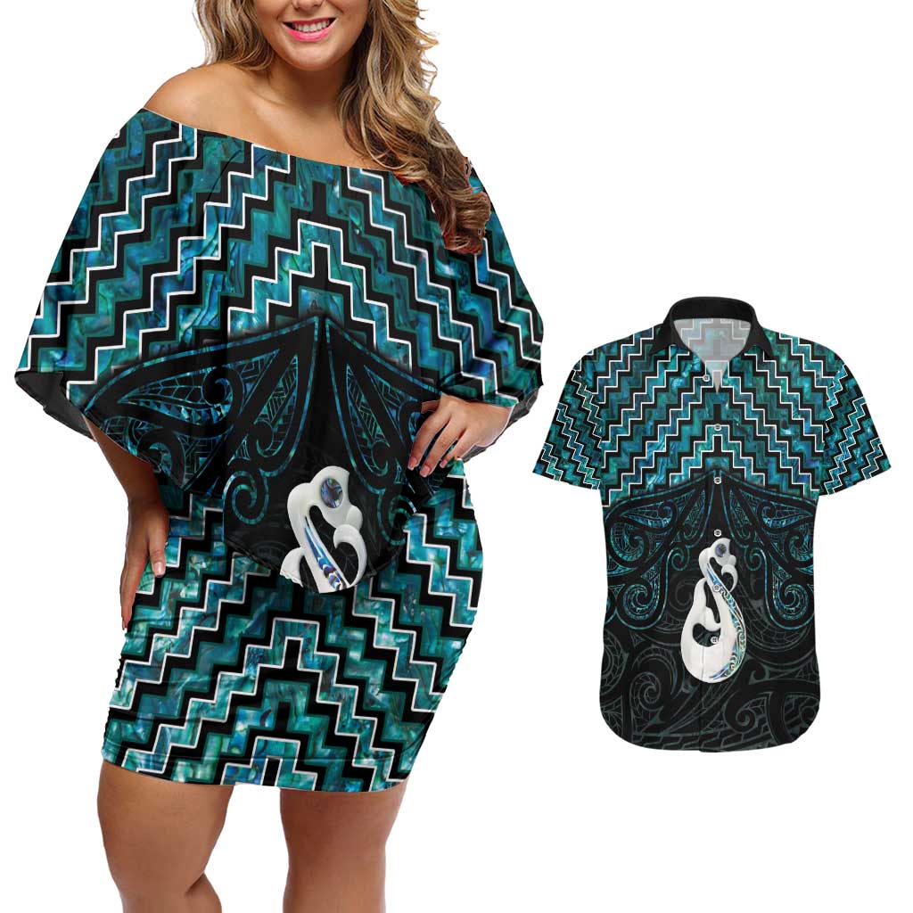 New Zealand Maori Couples Matching Off Shoulder Short Dress and Hawaiian Shirt Poutama Manaia Turquoise Paua Shell