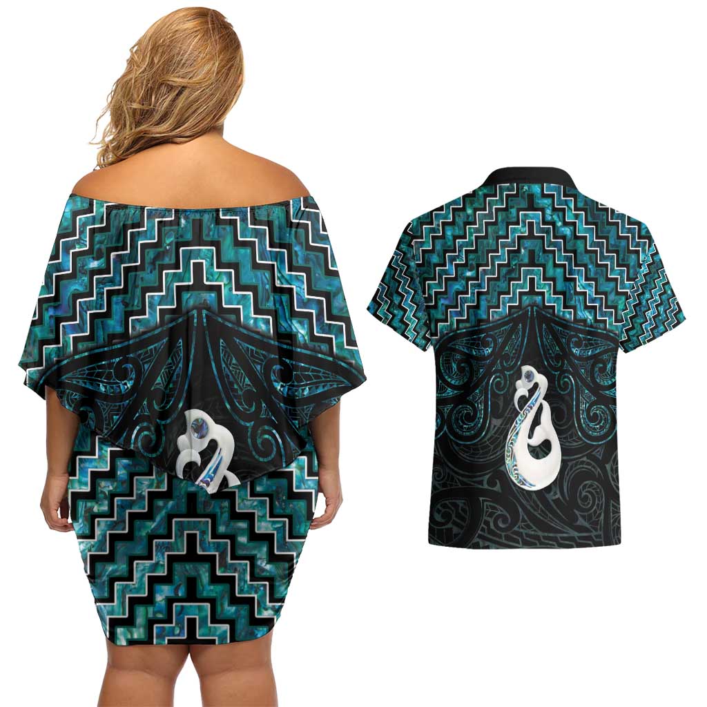 New Zealand Maori Couples Matching Off Shoulder Short Dress and Hawaiian Shirt Poutama Manaia Turquoise Paua Shell