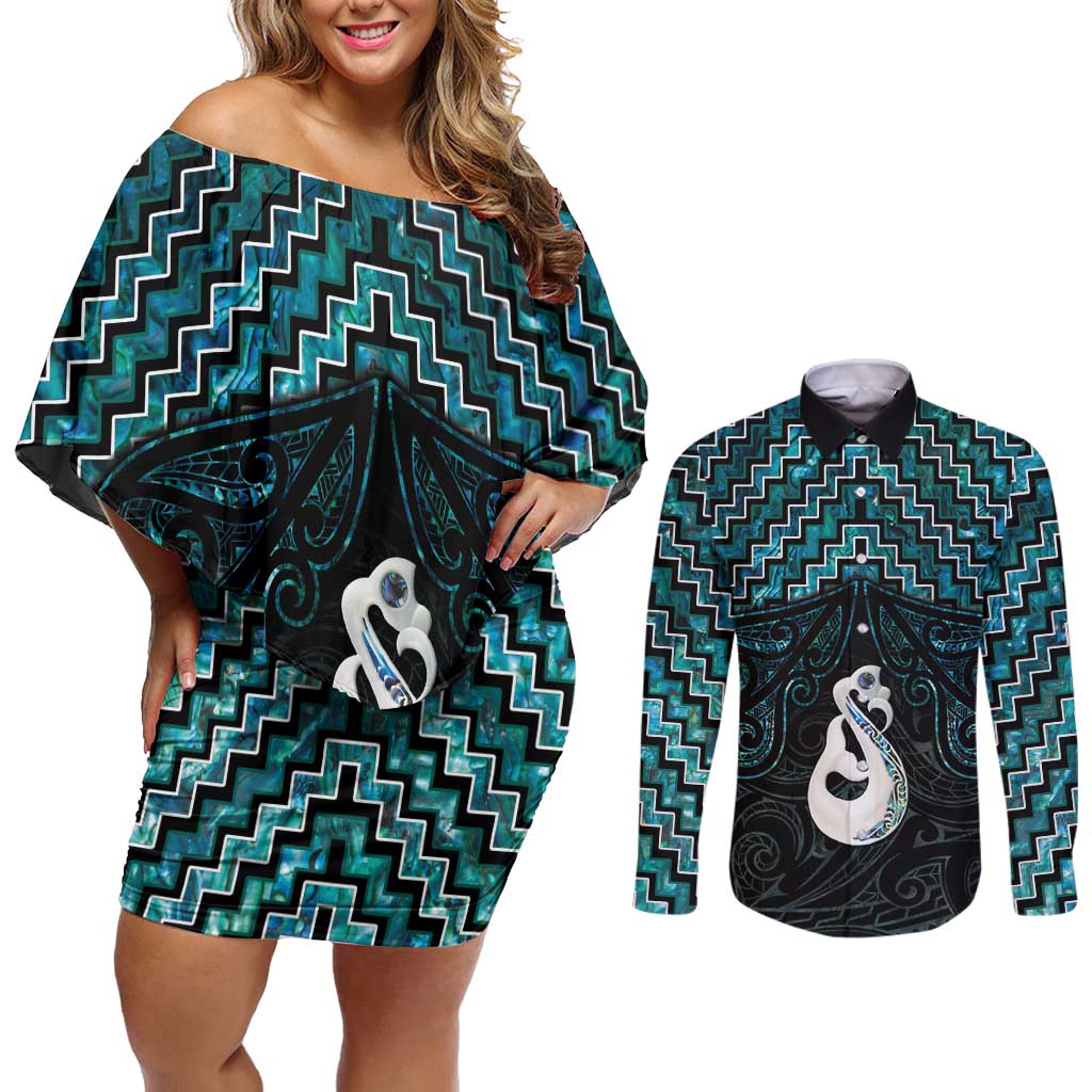 New Zealand Maori Couples Matching Off Shoulder Short Dress and Long Sleeve Button Shirt Poutama Manaia Turquoise Paua Shell