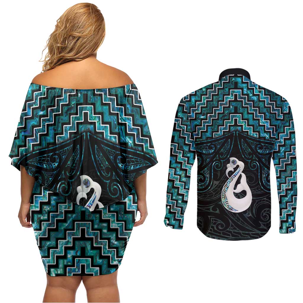 New Zealand Maori Couples Matching Off Shoulder Short Dress and Long Sleeve Button Shirt Poutama Manaia Turquoise Paua Shell