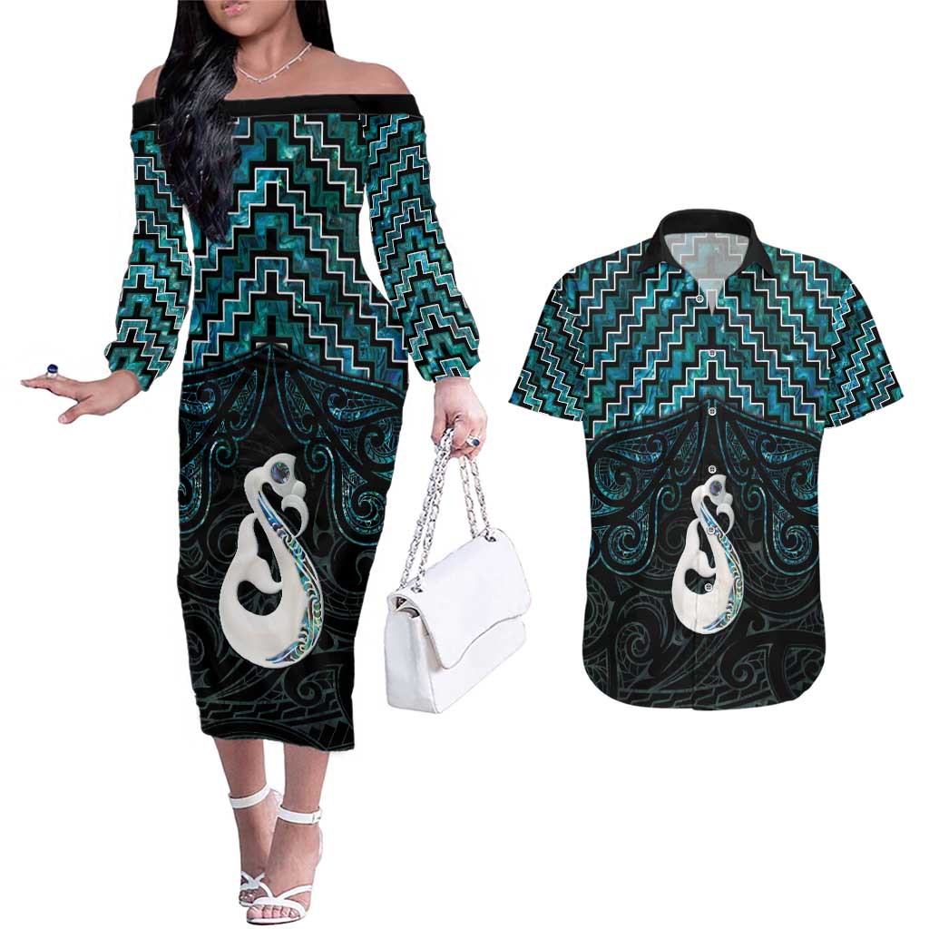 New Zealand Maori Couples Matching Off The Shoulder Long Sleeve Dress and Hawaiian Shirt Poutama Manaia Turquoise Paua Shell