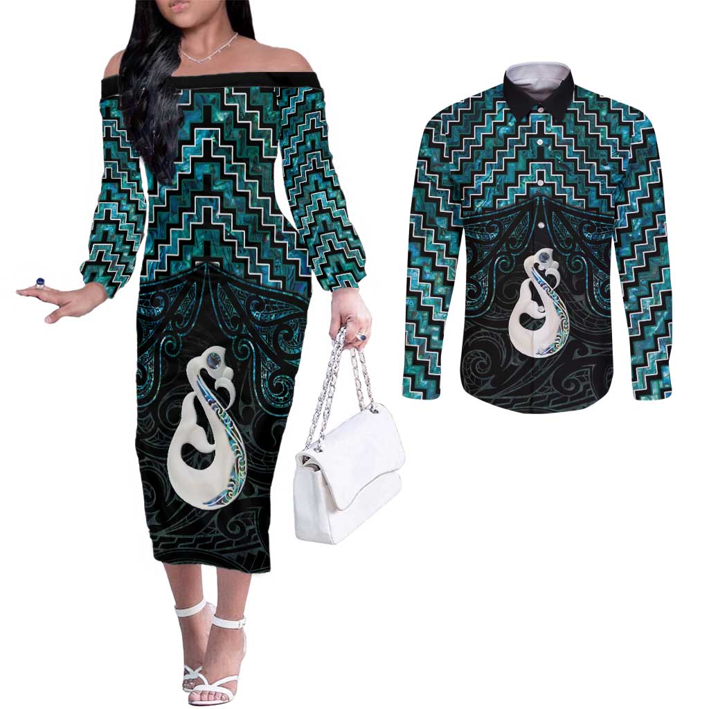 New Zealand Maori Couples Matching Off The Shoulder Long Sleeve Dress and Long Sleeve Button Shirt Poutama Manaia Turquoise Paua Shell