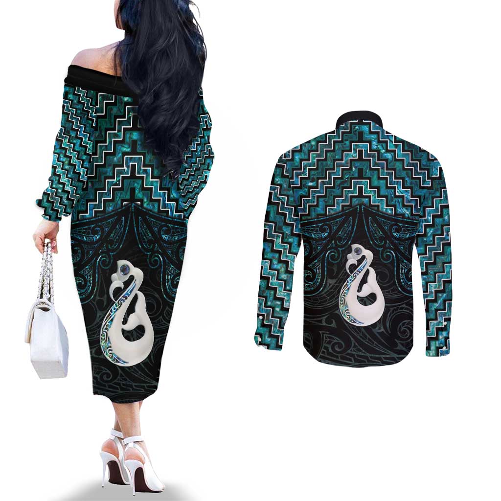 New Zealand Maori Couples Matching Off The Shoulder Long Sleeve Dress and Long Sleeve Button Shirt Poutama Manaia Turquoise Paua Shell