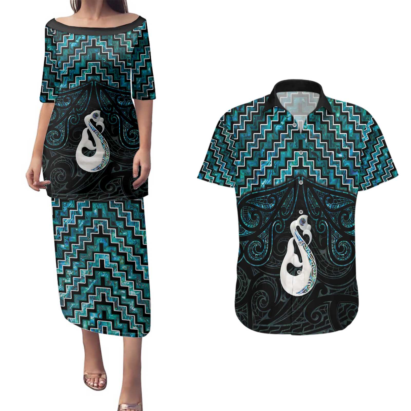 New Zealand Maori Couples Matching Puletasi and Hawaiian Shirt Poutama Manaia Turquoise Paua Shell