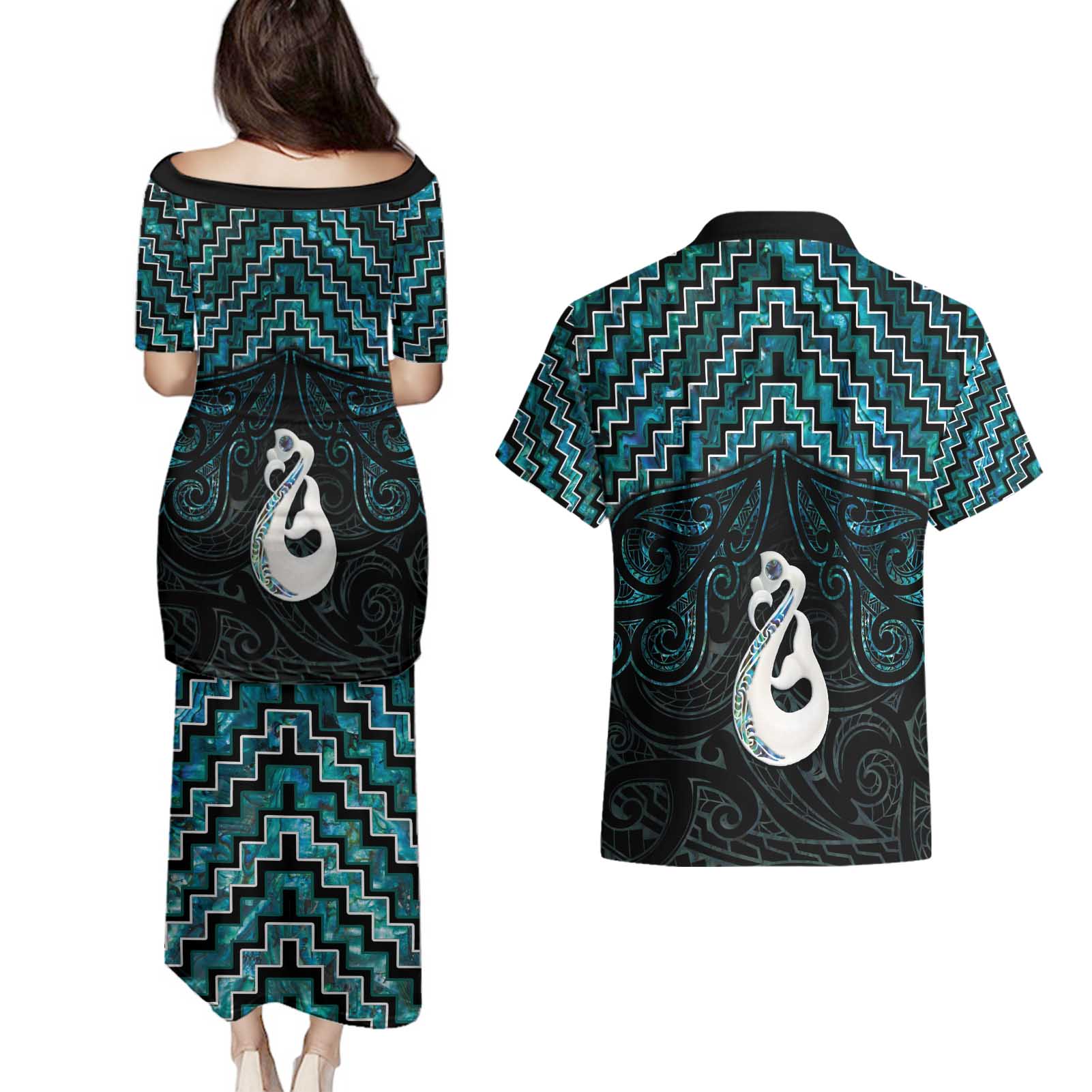 New Zealand Maori Couples Matching Puletasi and Hawaiian Shirt Poutama Manaia Turquoise Paua Shell